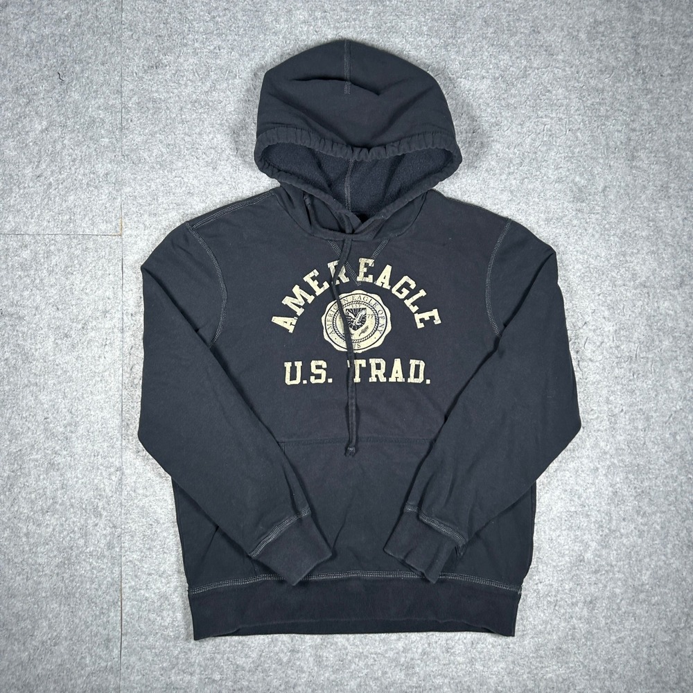 American Eagle Hoodie Men Medium Black U.S. Trad Graphic Distressed Y2K Fleece